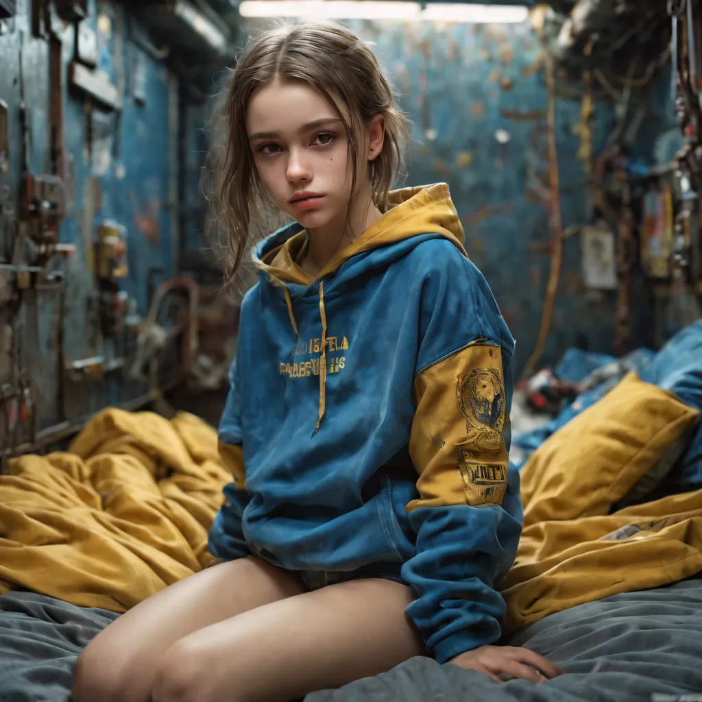 1 girls, 13 years old perfect likeness of dasha teran sdxl wearing blue and gold vaultgirl. clothing torn, girls clothes and fac...