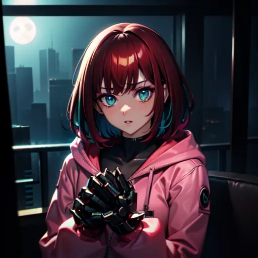 (cyberpunk\), 1girl, colored tips, full moon, teal eyes, hoodie, long sleeves, looking at viewer, short hair, multicolored hair,...