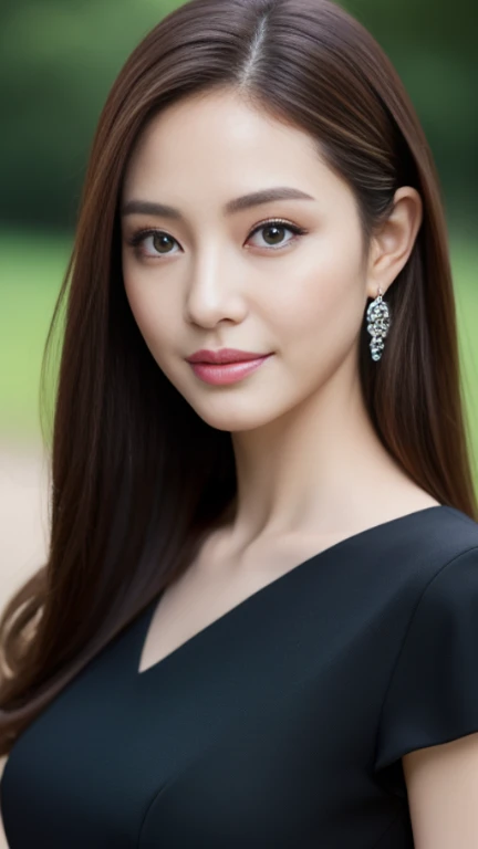 ((Angelina Sole)),((highest quality, 8K, masterpiece : 1.3)), sharp focus : 1.2, beautiful woman with perfect figure : 1.4, slim abs : 1.2, ((dark brown hair)), (Natural light, green : 1.1), Highly detailed face and skin texture, fine eyes, double eyelid、((professional makeup:1.3))、((sexy milf:1.3))、thick lips、lip gloss、eye make up、smile、hair blowing in the wind、black slim dress、