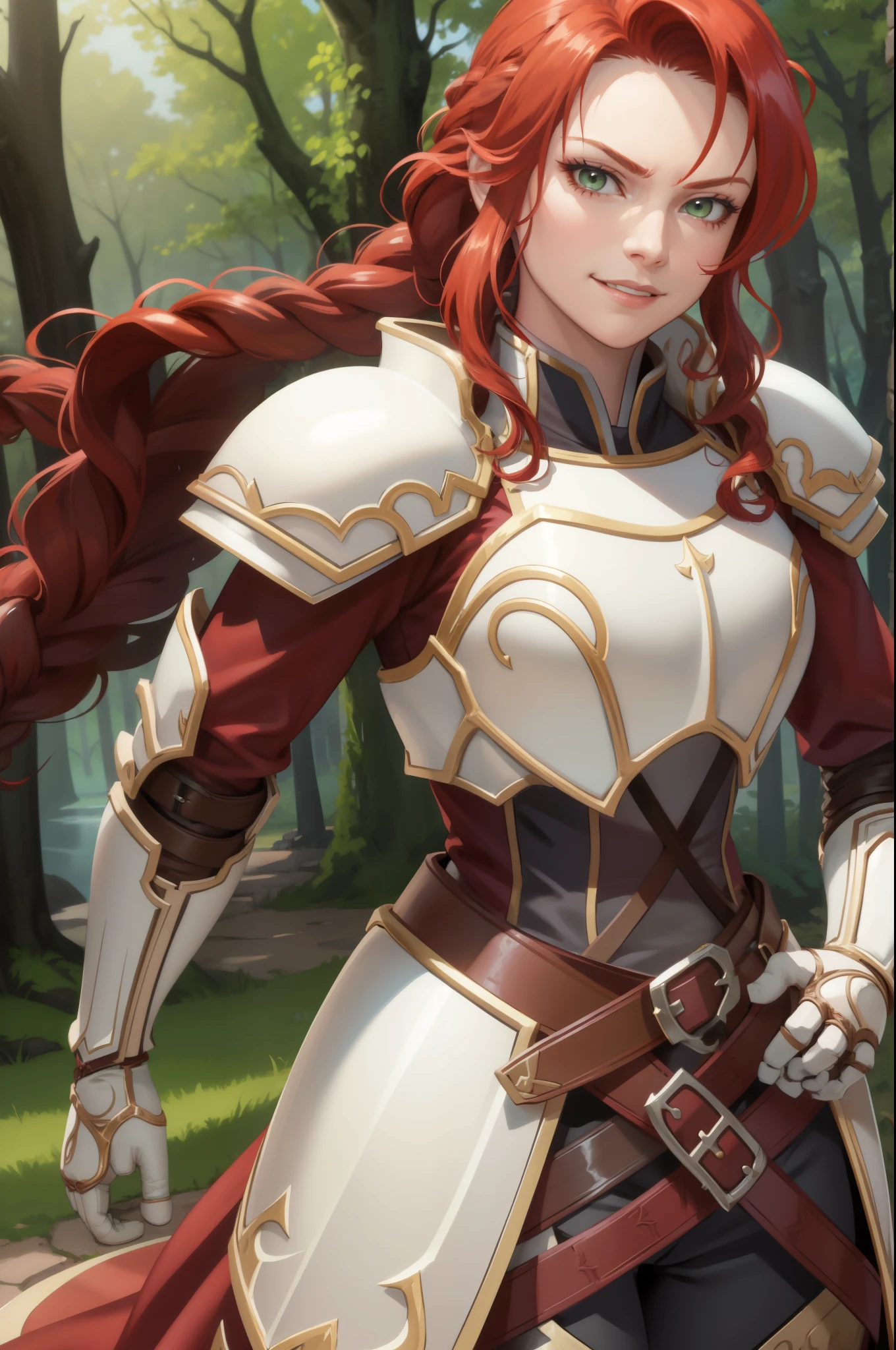 masterpiece, best quality, titania, braided ponytail, armor, red dress, belt, gauntlets, gloves, armored boots, upper body, furrowed brow, smile, forest, village, looking at viewer 