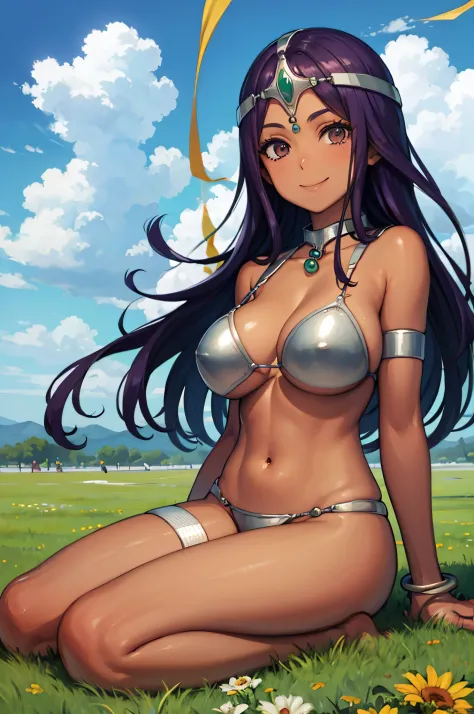 masterpiece, best quality, Decmania, circus, collar, bracelet, armband, bikini, Ren Baolin, Smile, looking at the audience, Place, Sky, cloud, grassland, Everlasting, Tanned, sitting, barefoot, Big breasts
