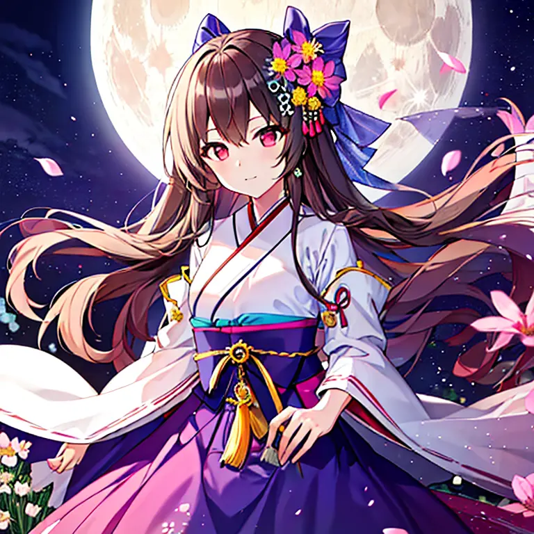 highest quality, expensive_solve, clear_image, detailed background ,girl, Hanbok,flower,garden,moon, night, fantasy