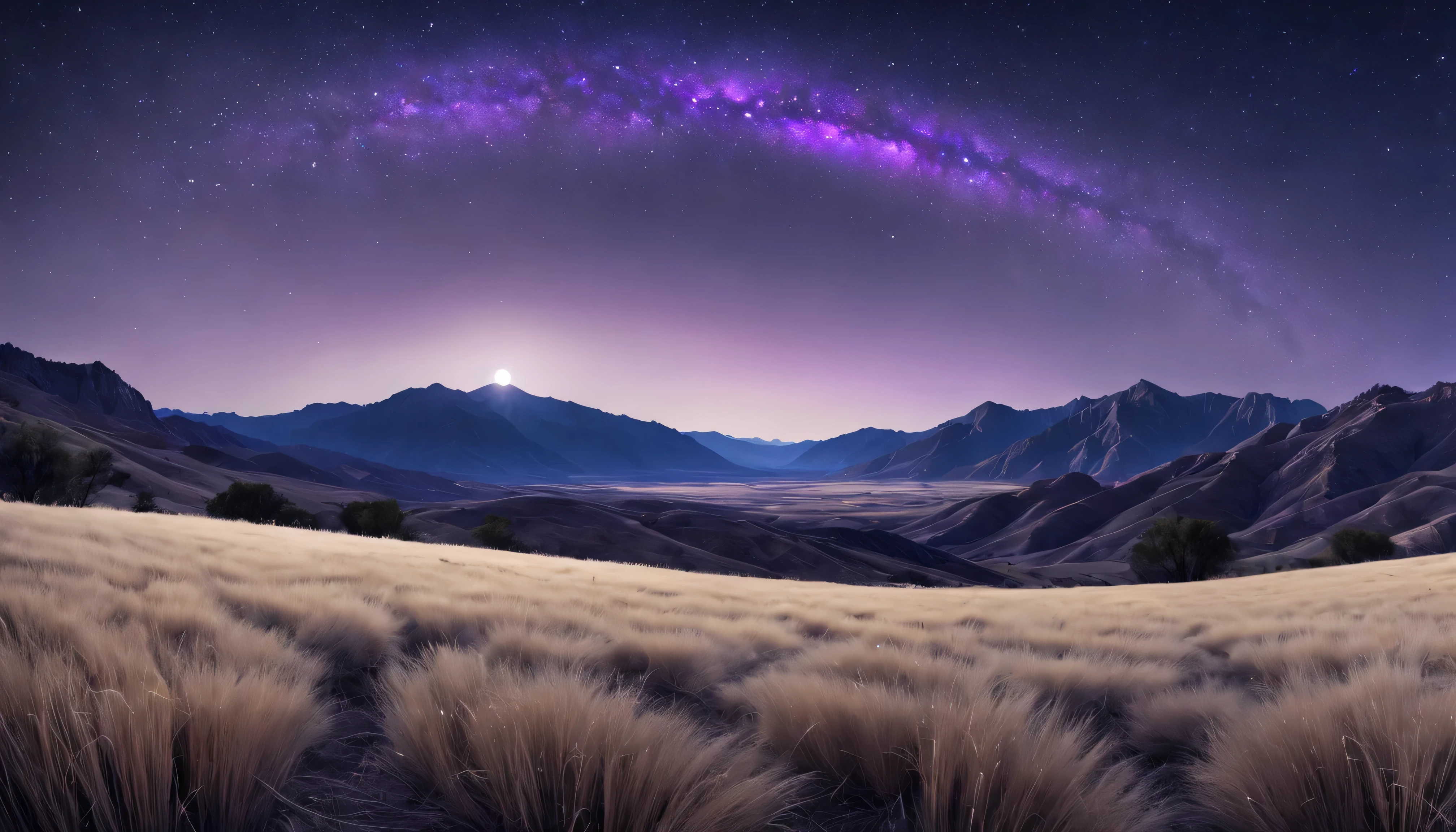 Dry grass in front with mountains in the distance with a starry sky, con halo de color purpura que atraviesan el cielo, Arte clave, arte promocional, Trabajo oficial muy detallado., foto cruda, small details, fotorrealista, Foto ultrarrealista, 8k UHD, digital slr camera, Soft lighting, alta calidad, film grain, Fujifilm XT3