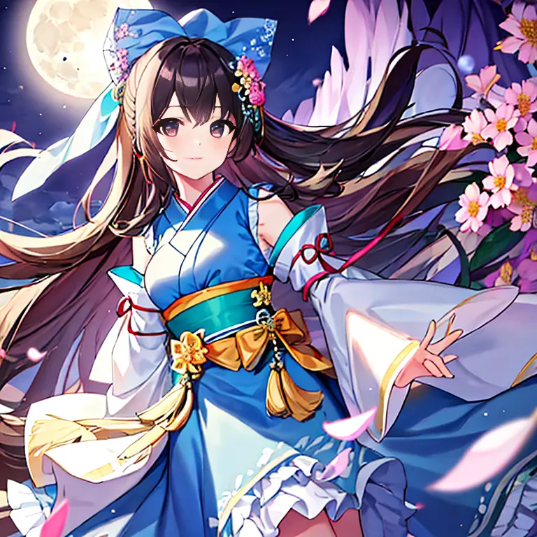 highest quality, expensive_solve, clear_image, detailed background ,girl, Hanbok,flower,garden,moon, night, fantasy