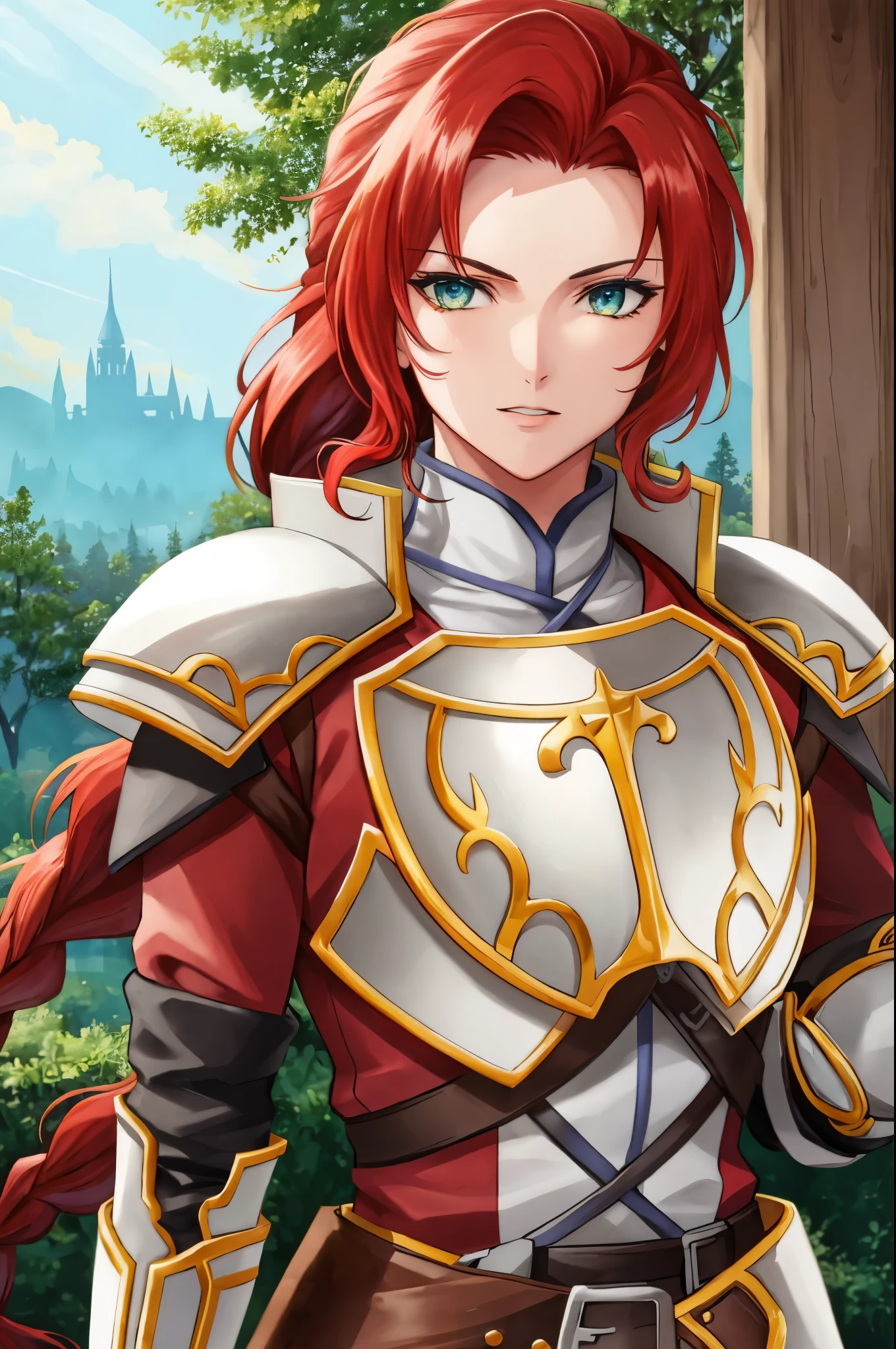 titania, braided ponytail, armor, red dress, belt, gauntlets, gloves, solo, solo, detailed face, looking at viewer, upper body, cowboy shot, village, forest, (masterpiece:1.2, best quality)