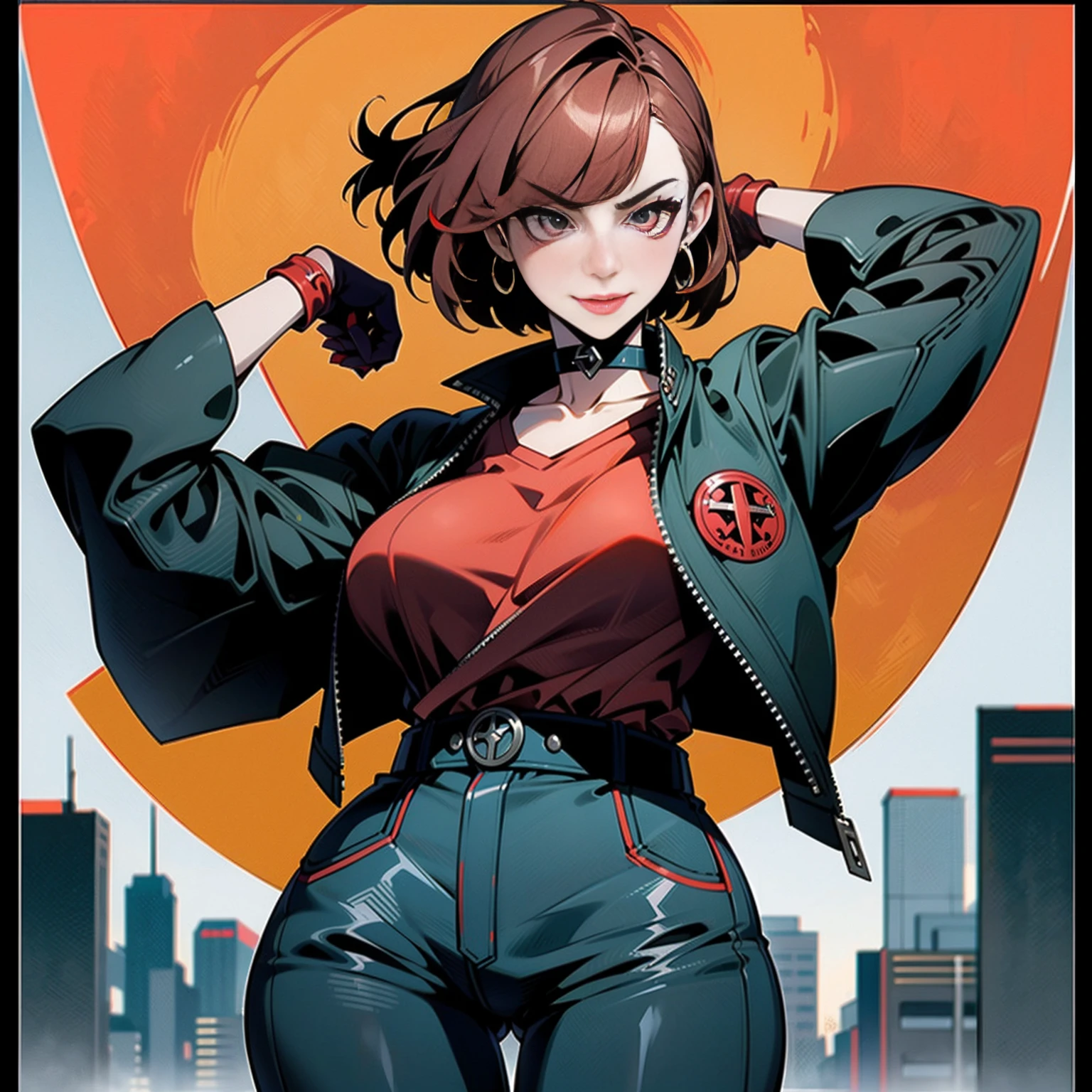 im Kunststil von Persona 5 und im Kunststil von Street of Rage 4, Delinquent, (sie sind), reifen_weiblich, erröten, reifen, ältere Frau, 2, Sukeban-Lehreroutfit, (1 Mädchen, Allein weiblich, Allein, Allein focus)++++, HALSBAND, sie sind teacher, sie sind Kämpfener, lang_Ärmel, open Jacke, blue Jacke,( Jeans)+++, light skin tone weiblich, (Ganzkörper)+++++, Jacke, biker Jacke, Band, Arm_Unterstützung, Handschuhe, Rot_Handschuhe, Brautstulpen, Nagelpolitur, Stiefel, Schwarz_Schuhwerk, Kämpfener outfit, (Ganzkörper)+++++++, Sanduhr, reifen face, freches Lächeln, Freches Gesicht, Falten, (Rot hair, Kurzes Haar, Bob-Frisur, Ohrringe, Ohrpiercings), Rot eyeighting art, Kampfsport, Stehen, Kämpfening_Haltung, Kämpfen, Kämpfening), zusätzliche Farben, 2d, megapixel, Perfektionismus, Akzentbeleuchtung, Full HD , (Meisterwerk:1.2), (Ganzkörperaufnahme:1),(Cowboy-Schuss:1.2), (sehr detailliert:1.2),(Anime Detailliertes Gesicht:1.2), bunt, Ein Auge fürs Detail, (detaillierte Landschaft:1.2), (natürliche Beleuchtung:1.2), ((sie sind school teacher)) Von Vincent Di Fate: Abonnieren, Anamorphe Aufnahme, Drittelregel, Gesicht von Artgerm und WLOP, ((Street of Rage 4 Stadthintergrund)), fiktiver Stadthintergrund im Art-Stil von Street of Rage 4,