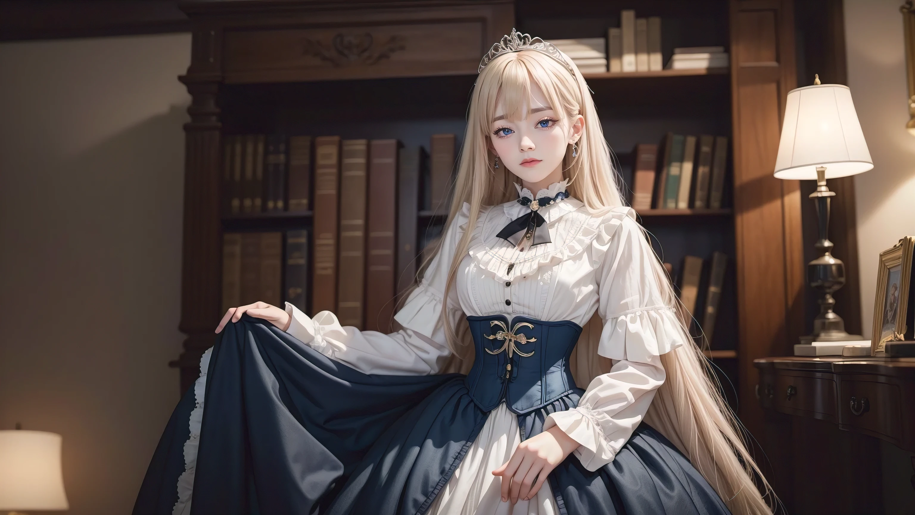 ((masterpiece, anatomically correct, high details, high quality, photorealistic, 8k)), young girl, (pureerosface_v1:0.008), (dynamic pose:0.7), Perfect Face, ((smiling)), Shiny Blue Eyes, Detailed Eyes, Eyelashes, (Glossy Super Long Straight Blonde Hair with Blunt Bangs), porcelain white skin, ((perfect_fingers, better_hands, perfect_hands, perfect_legs):0.7), sophisticated outfit, dhevictorian, victorian dress, corset, embroidery, skirt, shirt, tiara, fantasy art, cinematic lighting, corridors