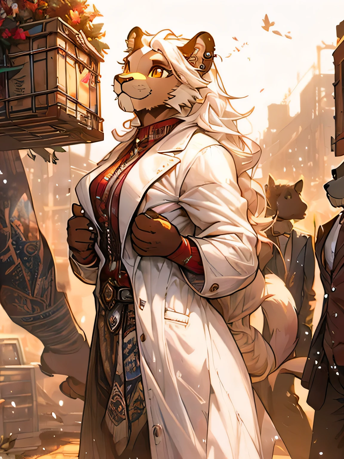 A commanding, confident, athletic male lion [1boy] with strikingly detailed, piercing golden eyes [beautiful detailed eyes], white hair, (white fur), shouts across to workers on a series of stacked crates, furry, dressed in a vibrant red trench coat [red trench coat]. She commands a group of workers, directing them to move heavy objects [ordering workers to move things] amidst the thick, dusty air. The image is of the highest quality [best quality, high-res, 4k, masterpiece:1.2], steampunk_costume, capturing the ultra-detailed features of every element in the scene. The artistic style combines elements of realism and concept art, with a dominant color palette of muted red tones contrasting against the dusty surroundings. Interesting composition, depth of field, interesting perspective, full body