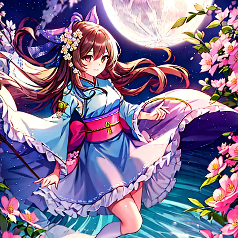 highest quality, expensive_solve, clear_image, detailed background ,girl, Hanbok,flower,garden,moon, night, fantasy