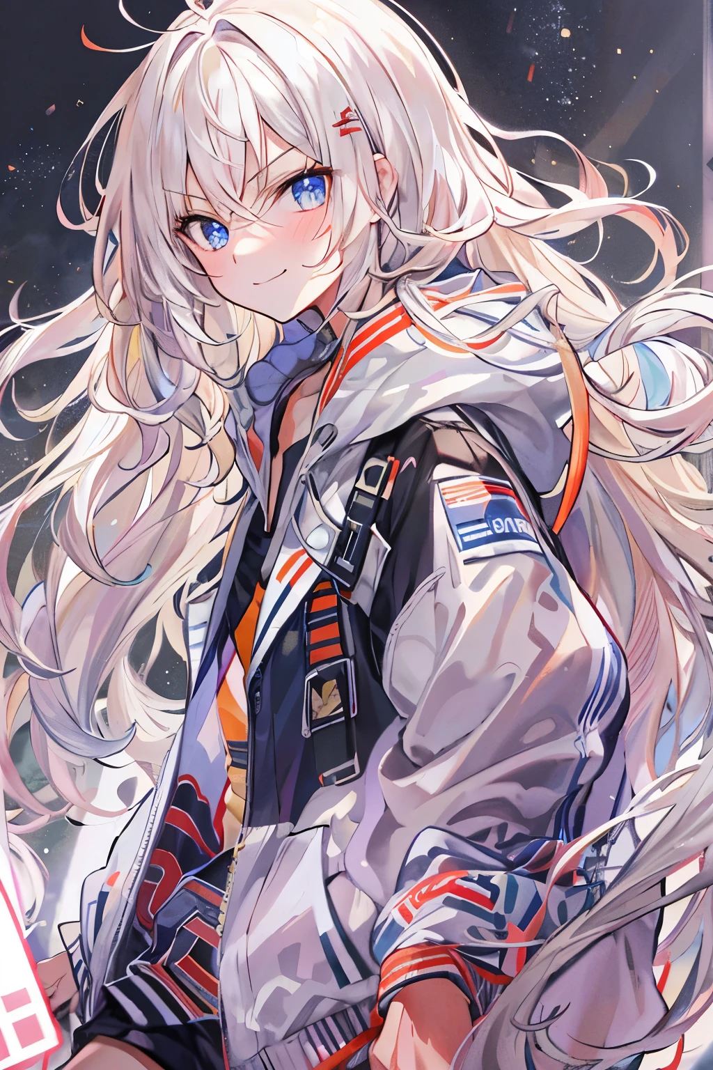 1man, mid shot, best detailed girl, looking back, Perfect body, woman, 20 years old, messy white long hair, flipped hair, shiny platinum blonde hair, floating hair, huge ahoge, smirk, v-shaped eyebrows, golden pupil, medium chest circumference, bright skin, oversized clothes, hoodie, short shorts, sandals, black Clothes, masterpiece, best masterpiece,