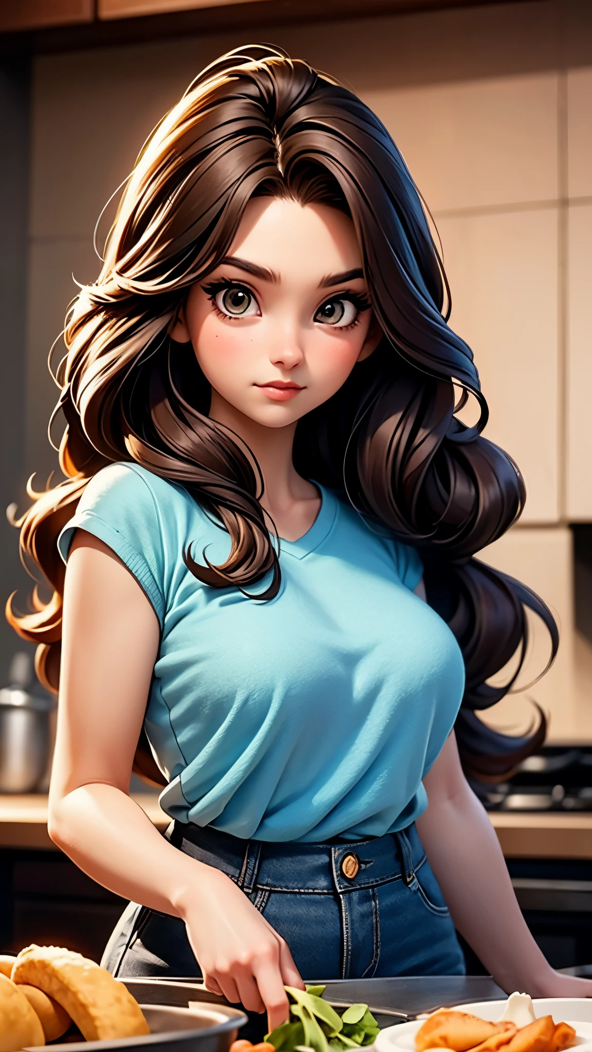 25-yo girl with long brown hair and blue shirt posing in kitchen, fluffy hair, flowing massive hair, cute detailed digital art, deviantart artstation cgscosiety, in the style of ross tran, beautiful digital artwork. UHD, best quality, 16k, anatomically correct, textured skin, super detail