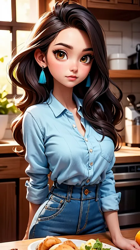 25-yo girl with long brown hair and blue shirt posing in kitchen, fluffy hair, flowing massive hair, cute detailed digital art, ...