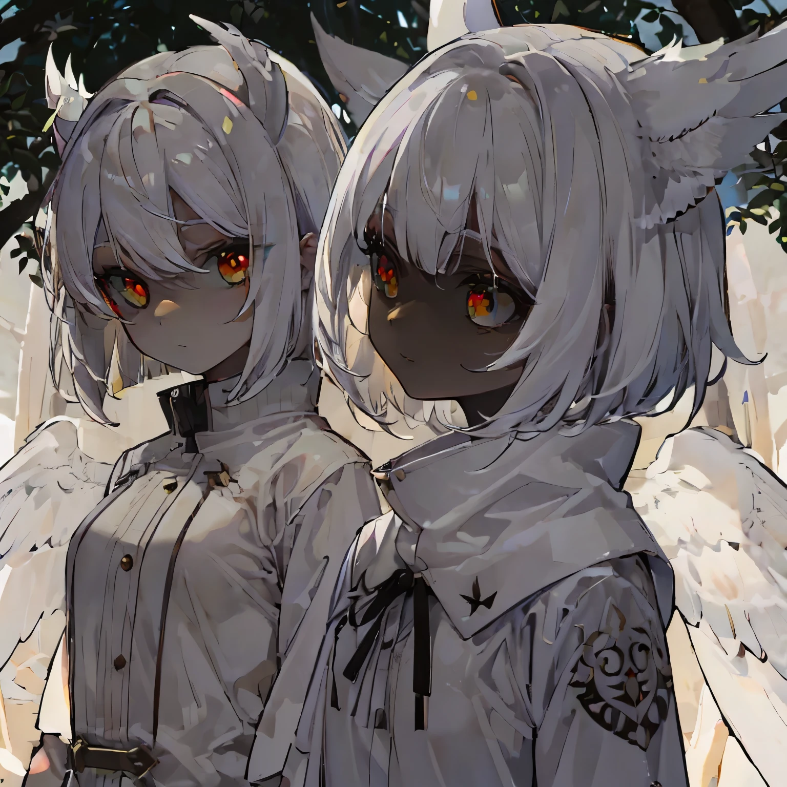 one girl,yellow eyes,white skin,Bob hair with white hair,short hair,Her hair has the pure white feather horns of a horned owl.,white horned owl horns,owl girl,In the forest through the sun through the trees