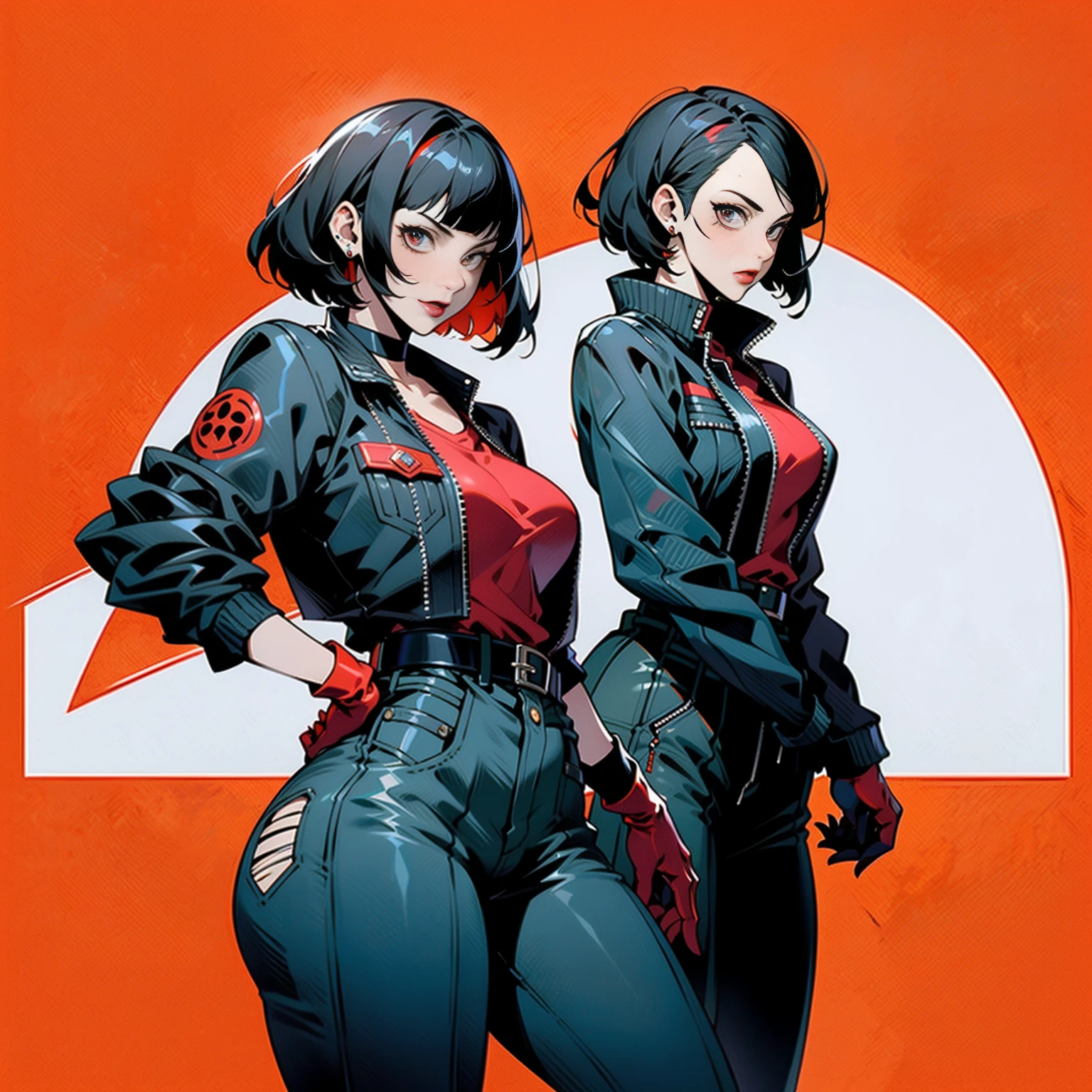 en el estilo artístico de persona5 y en el estilo artístico de street of rage 4, delincuente, (sukeban), maduro_femenino, rubor, maduro, mujer mayor, 2, Sukeban teacher outfit, (1 chica, solo femenino, solo, Solo enfoque)++++, Gargantilla, sukeban teacher, sukeban Lucharer, largo_mangas, open chaqueta, blue chaqueta,( Vaquero)+++, light skin tone femenino, (cuerpo completo)+++++, chaqueta, biker chaqueta, cinta, brazo_apoyo, guantes, Rojo_guantes, bridal gauntlets, esmalte de uñas, botas, negro_calzado, Lucharer outfit, (cuerpo completo)+++++++, reloj de arena, maduro face, Sonrisa de Mejillas, cara descarada, arrugas, (Rojo hair, cabello corto, corte bob, pendientes, perforaciones en las orejas), Rojo eyeighting art, Artes marciales, de pie, Lucharing_postura, Luchar, Lucharing), colores extra, 2D, megapíxel, perfeccionismo, iluminación de acento, full HD , (obra maestra:1.2), (foto de cuerpo completo:1),(tiro de vaquero:1.2), (muy detallado:1.2),(cara detallada del anime:1.2), Vistoso, Un ojo detallado, (paisaje detallado:1.2), (iluminación natural:1.2), ((sukeban school teacher)) por Vincent Di Fate: Aidyllery, Disparo anamórfico, Regla de los tercios, cara por Artgerm y WLOP, ((calle de la rabia 4 fondo de la ciudad)), Antecedentes de la ciudad ficticia en el estilo artístico de Street of Rage 4.,