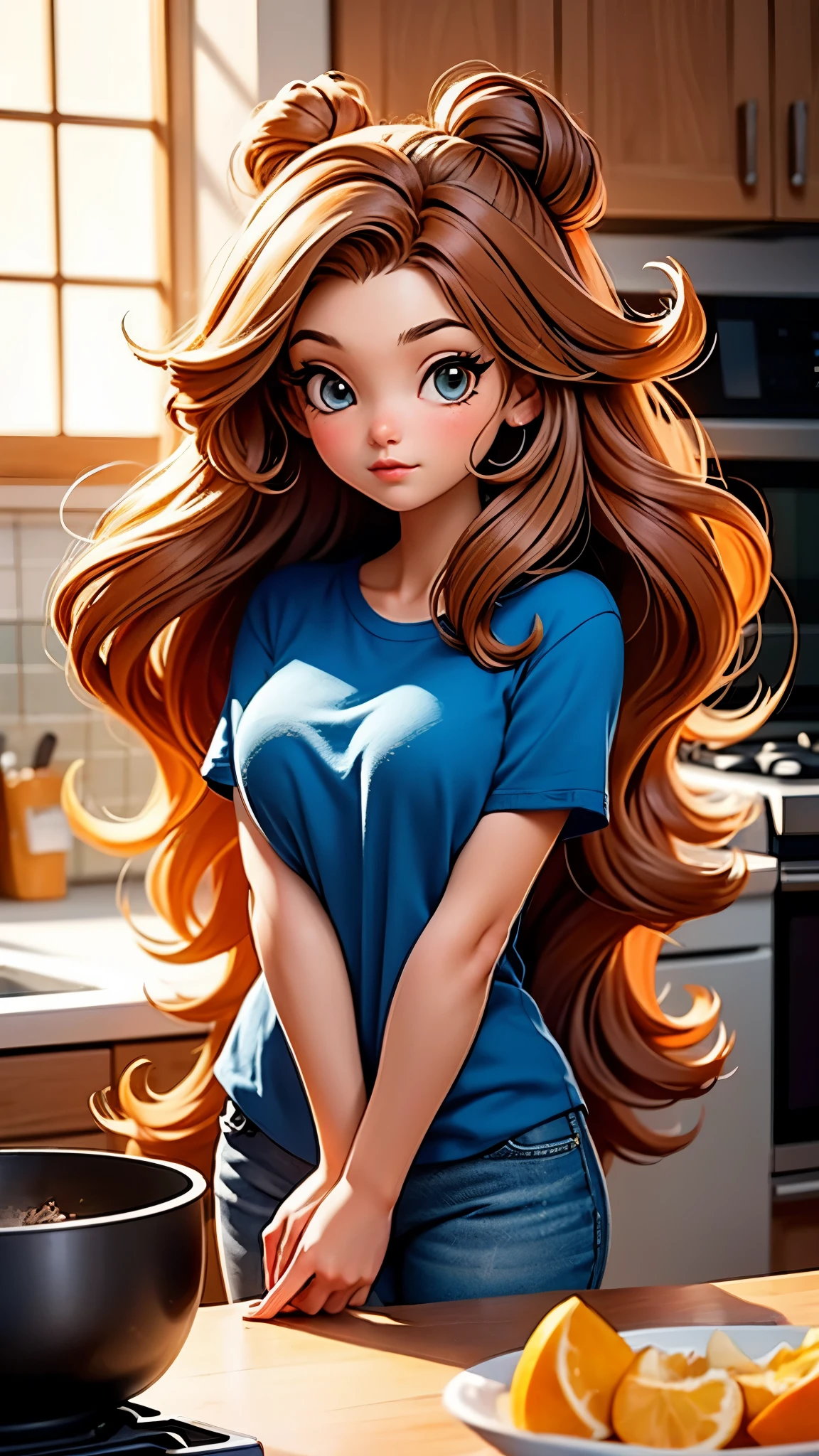 25-летняя девушка с длинными каштановыми волосами и синей рубашкой позирует на кухне, пушистые волосы, струящиеся массивные волосы, милое детальное цифровое искусство, deviantart artstation cgscosiety, в стиле Росс Трана, красивые цифровые изображения. UHD, Лучшее качество, 16 тыс., Анатомически правильный, текстурированная кожа, Супер Детализация