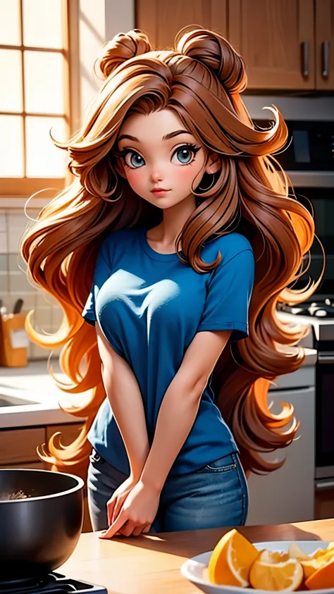 25-yo girl with long brown hair and blue shirt posing in kitchen, fluffy hair, flowing massive hair, cute detailed digital art, ...