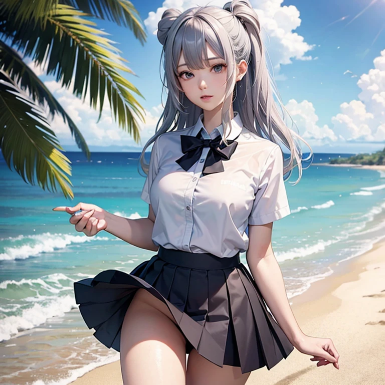 ((masterpiece)), ((highest quality)), ((High resolution)), ((Highly detailed CG Unity 8K wallpaper)), alone, Tachibana plays, tan school uniform, black skirt, white socks, outdoor, face, curtained hair, beach, parted hair, silver hair, Huza