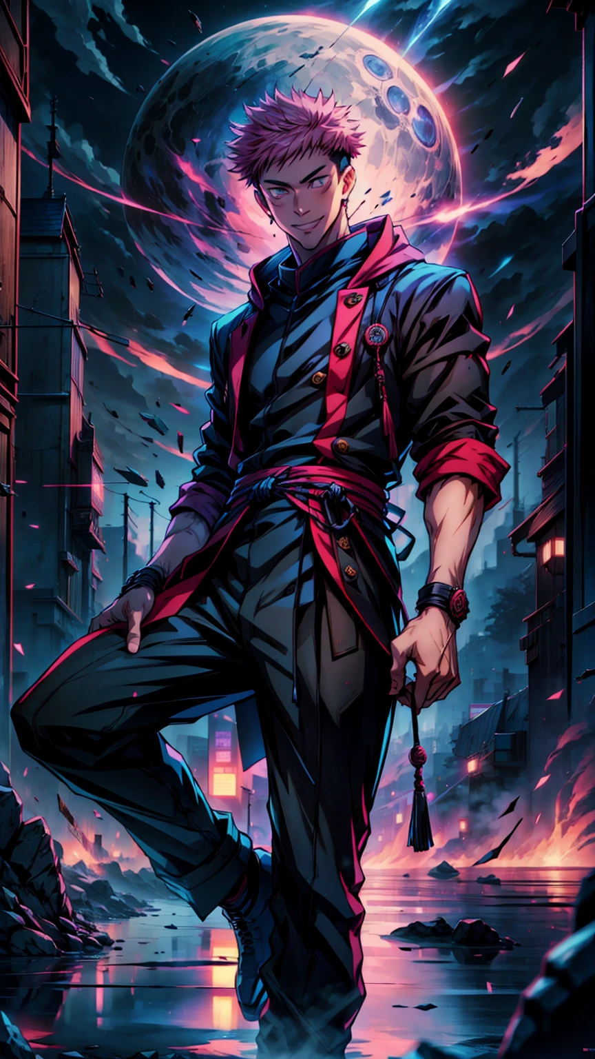 1boy, full body shot, 173 cm,perfect hand and fingers, itadori yuuji, black outfit, pink hair, look at sky, smile, red and dark moon city night background, wallpaper, cinematic,High resolution 8K, Bright light illumination, lens flare, sharpness, masterpiece, top-quality, The ultra -The high-definition, high resolution, extremely details CG, Anime style, Film Portrait Photography,masterpiece,hyperdetail