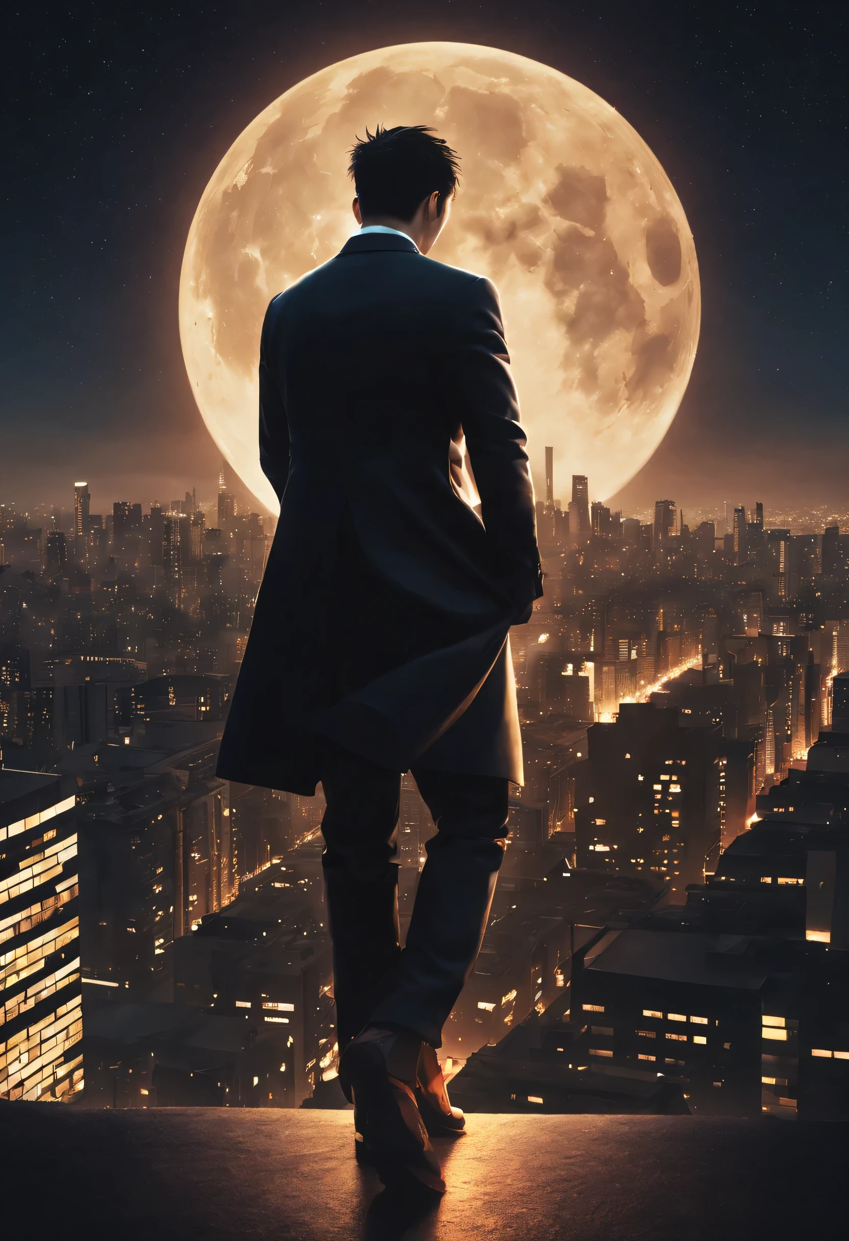Album cover design instructions:

1. **basic background**: Blur the night view of the city. car lights, Twinkling buildings, urban demolition, The rising moon in the distance forms the background. 

2. **centered image**: one character(heroine)This is standing with your back to the body. His shoulders seemed a little heavy, but, There are shining stars above his head, It gives the impression of a subtle shine.

3. **Bottom picture**: Down at the feet of the characters, A broken clock and broken hourglass can be seen., It symbolizes the passage of time and the responsibilities that come with it.

4. **Title and artist name**: The top of the album has a large "My time" affix title. Down, The artist's name appears subtly.

5. **Text design**: "Woo hoo" The lyrics of this section are very small between the background buildings, It is designed to sparkle like light. 

6. **Farbe**: The overall Farbe of the album adds a bit of a retro tone, Create a melancholic and warm feeling.

The cover of this album talks about the difficulties and responsibilities of life, and expressed the importance of that period,, With the city night view as the background, It conveys information about the value of one&#39;s time and when to.