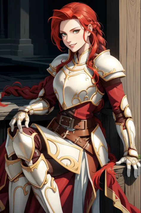 masterpiece, best quality, titania, braided ponytail, armor, red dress, belt, gauntlets, gloves, armored boots, from side, sitti...