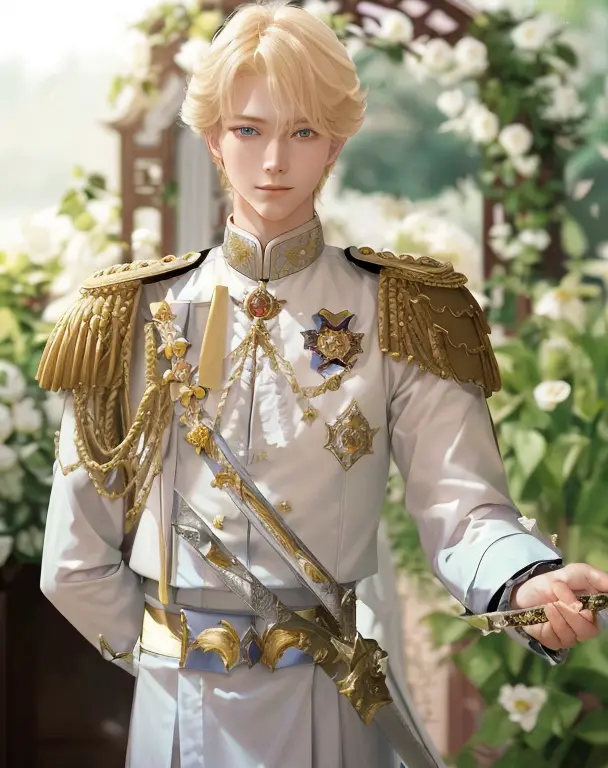 a man in a uniform with a sword and a sword, delicate androgynous prince, beautiful androgynous prince, portrait of magical blon...