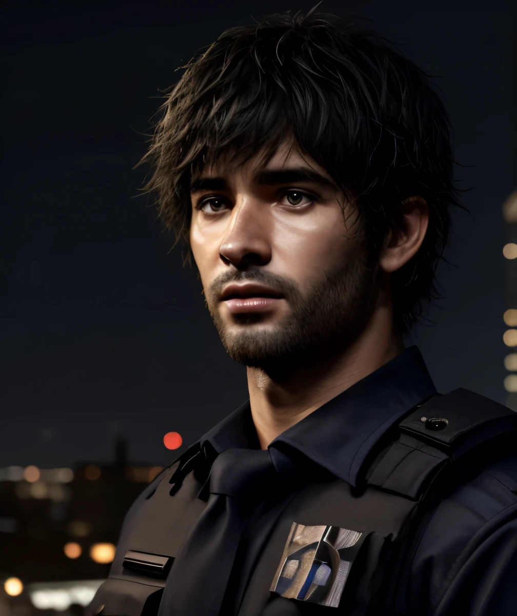 1 Mann, Meisterwerk, 4k, ultra-realistisch, Polizist, stadt nacht hintergrund, Carlos Oliveira, Porträt, schwarzes zotteliges Haar 