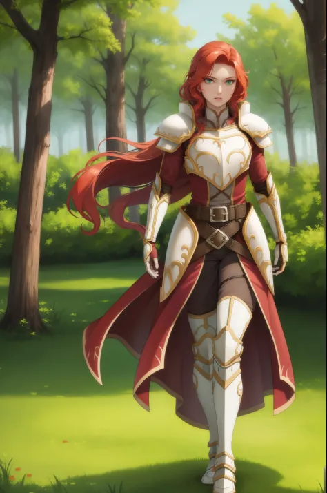 masterpiece, best quality, titania, armor, red dress, belt, gauntlets, gloves, armored boots, forest, looking at viewer, walking...