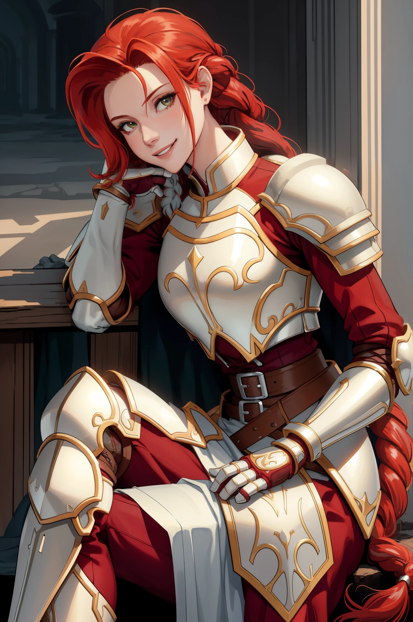 masterpiece, best quality, titania, braided ponytail, armor, red dress, belt, gauntlets, gloves, armored boots, from side, sitting, log, looking at viewer, smile