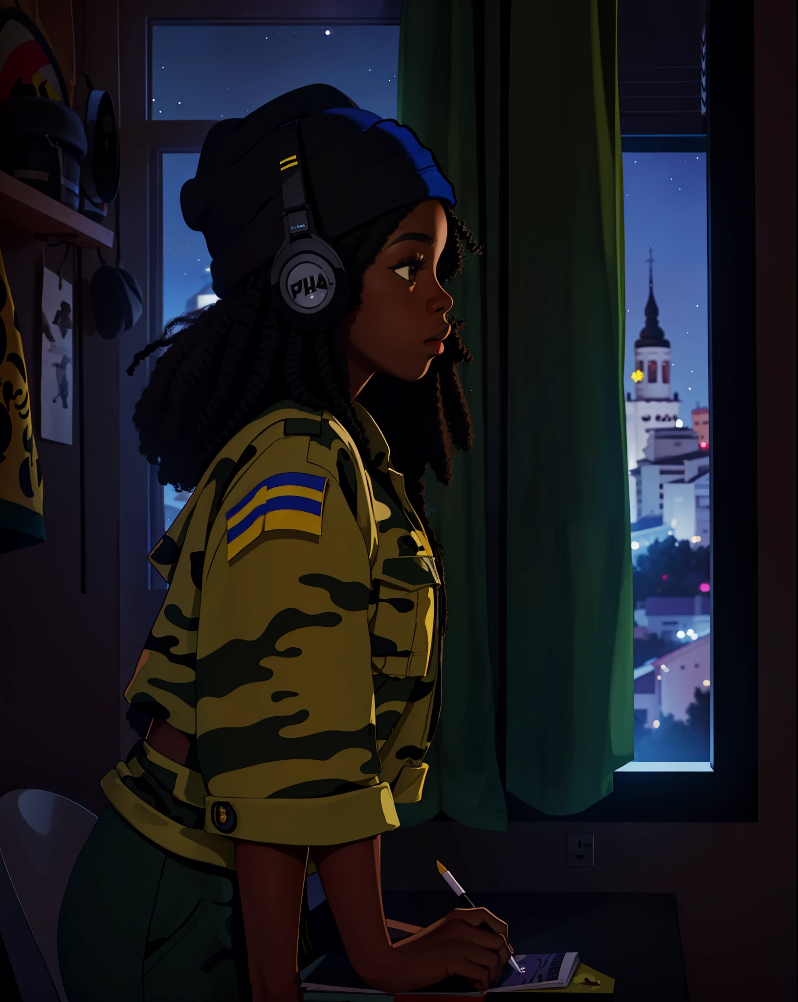 Abonnieren, 1 Mädchen, Schreiben, Von der Seite,ghanaisches Mädchen, Afro-Haar, lange Haare, Kopfhörer, beanie, camouflage uniform, Fenster, Ukraine-Hintergrund, Nacht, Ebenholzhaut, Ghana Flagge auf Uniform