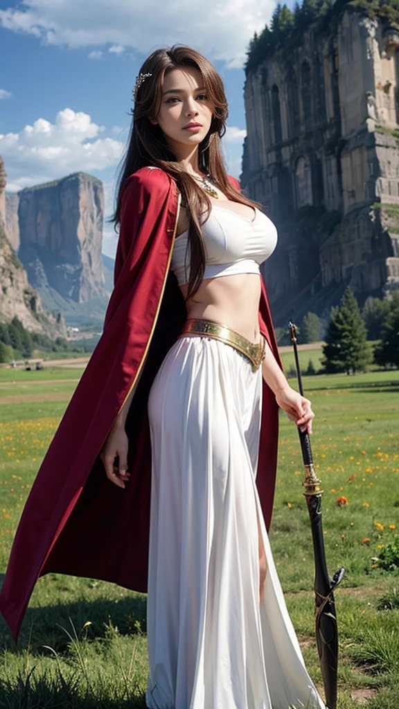 Young woman, Short series, (red hair, long hair, long hairมาก), (Huge breasts, big breast, Breast augmentation), (small waist, thin body), (majestic, Charming Succubus), (Short white dress, tight fitting, gold pattern), (Red coat, Cloak of Float), (Low-angle shots, Walking posture), (sky backdrop, cliff, meadow), (holding a wizard&#39;s long staff)