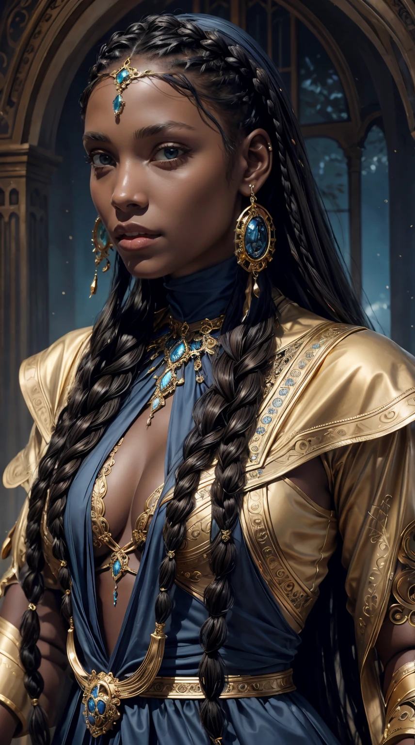 A black model with braids that looks beautiful in gold jewelry, blue eyes, In brown and azure style, very realistic, in the style of gothic romance, historical inspiration, down to the last detail