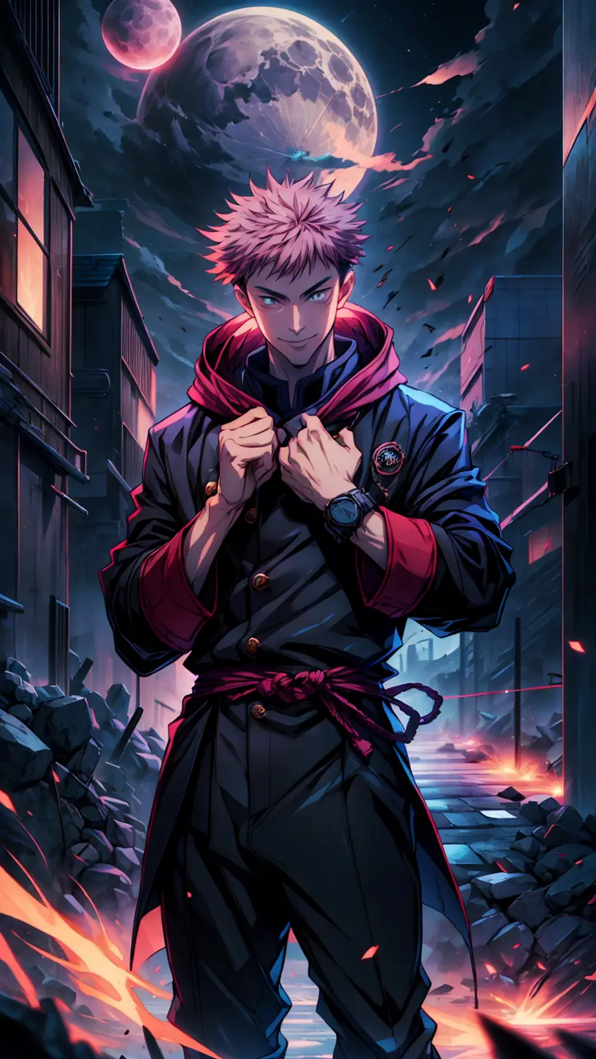 1boy, full body shot, 173 cm, perfect hands, perfect fingers, itadori yuuji, black outfit, pink hair, look at sky, smile, red an...