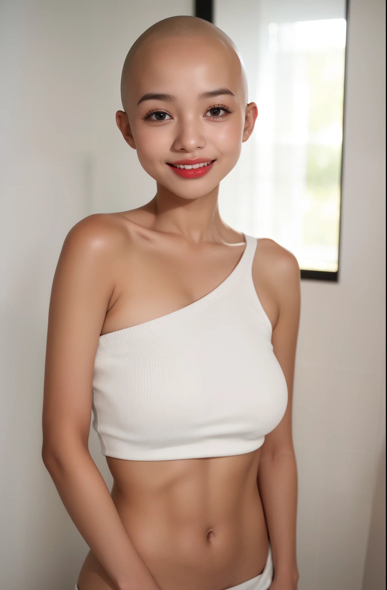 A woman with a shaved head and a white top posing for a picture - SeaArt AI