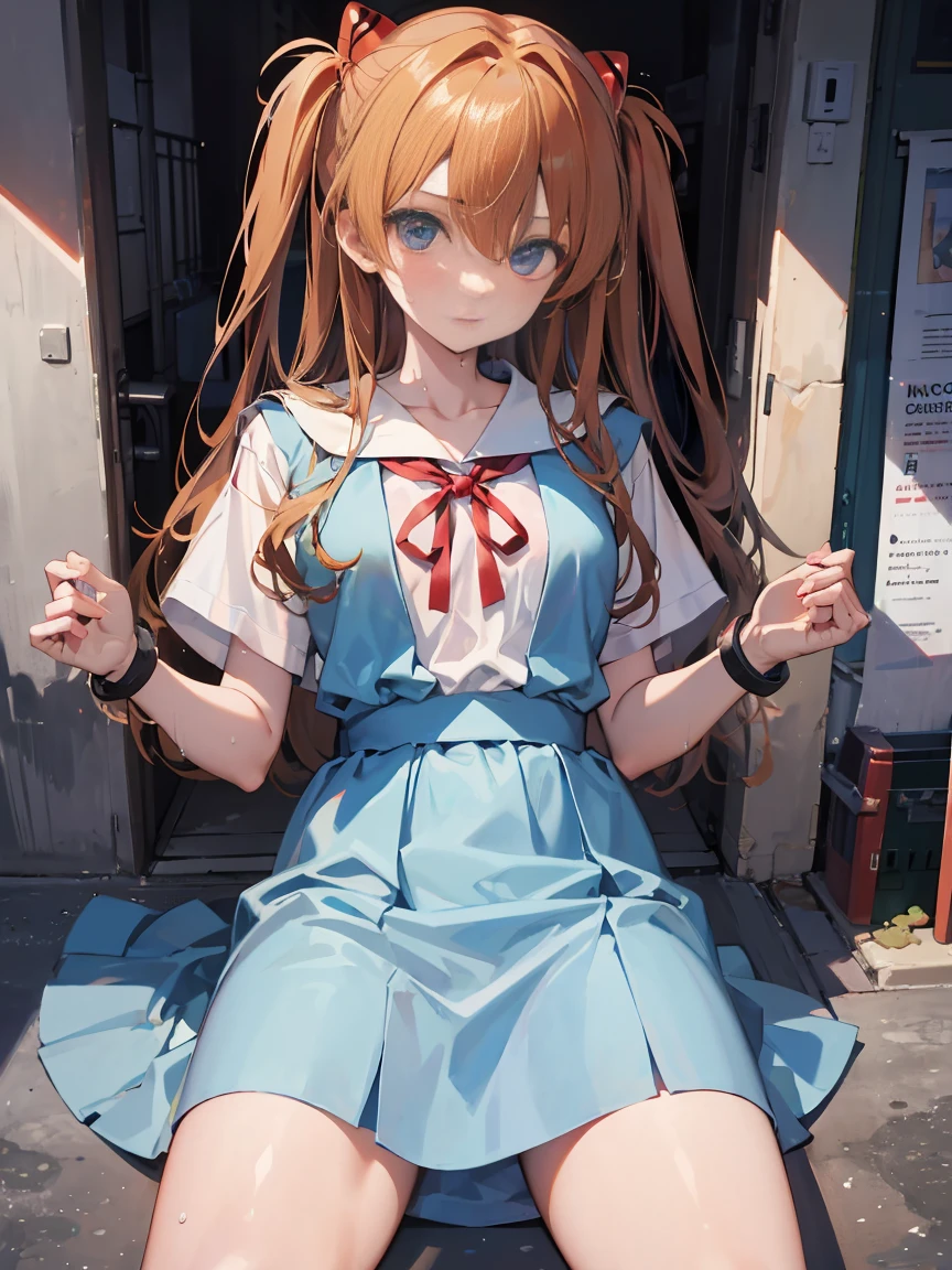 disposalで監禁され鎖で縛られたasuka langley soryu，chest and crotch exposed，blue eyes，hair between eyes，headware，interface headset，orange hair，赤いribbon、ribbon、School uniform drenched in sweat、skirt、slip dress、slip dress、Tokyo No. 3 Middle School Uniforms，Handcuffed and restrained，disposal，disposalでレイプされている