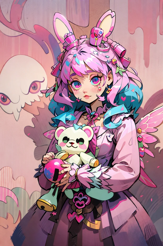 Photo of a woman in a pink dress holding a teddy bear, fairy tale core, Hinged doll with ball, Cute surreal bunny, portrait of magical Changeta girl, DLC, magical girl style, Beautiful pink alien girl, lolita style, pastel pink, kawaii aesthetics, Angelic beauty, Change, lolita fashion, pink girl, ultra high definition, 8k, 16k, (((masterpiece))), fantasy art