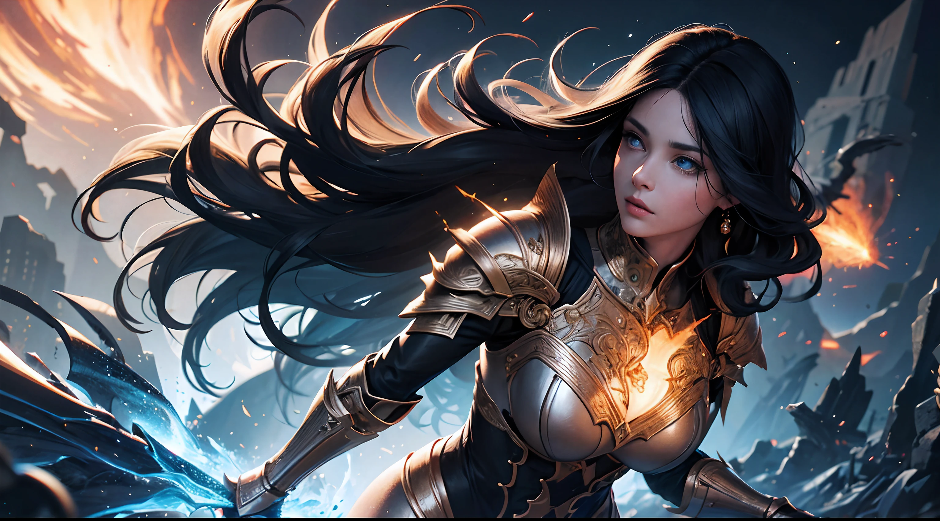 official art, unity 8k wallpaper, ultra detailed, masterpiece, best quality, 1 woman, (extremely detailed), dynamic angle, Mysterious expression, fire sparkle effect, fantasy background, rim lighting, side lighting, cinematic light, ultra high res, 8k uhd, film grain,best shadow, delicate, RAW, light particles, detailed skin texture, detailed armor texture, detailed face, intricate details, ultra detailed, bright, (realistic), ((black hair)), very glowing blue eyes, curvy