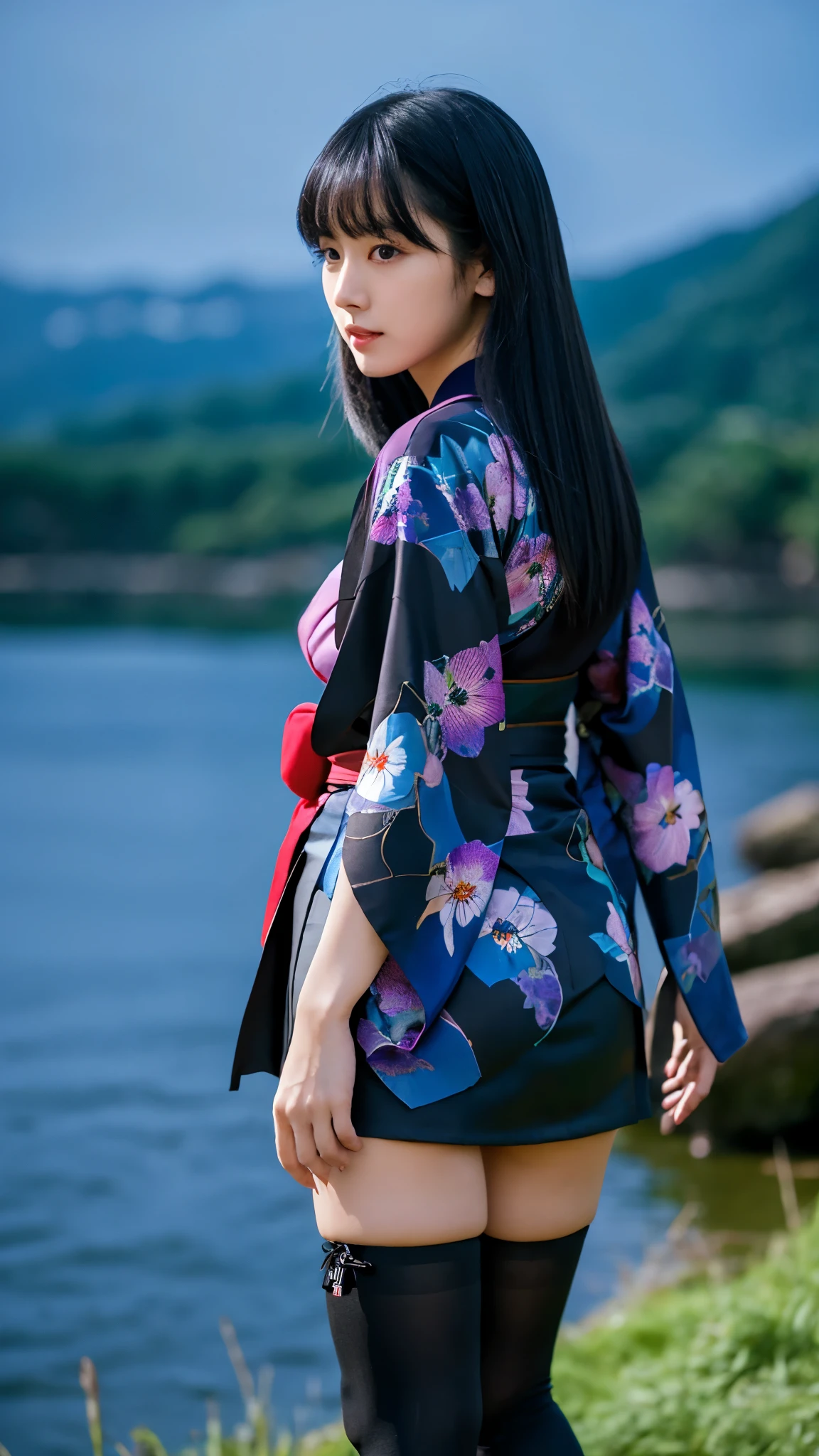 masterpiece,highest quality,1 girl,perfect face,black hair,long hair,hairstyle with bangs,A well-styled body,blush,kimono,Jet black kimono,mini skirt,Panty shot,thighs,Thighhighs,fantastic scenery,moonlight