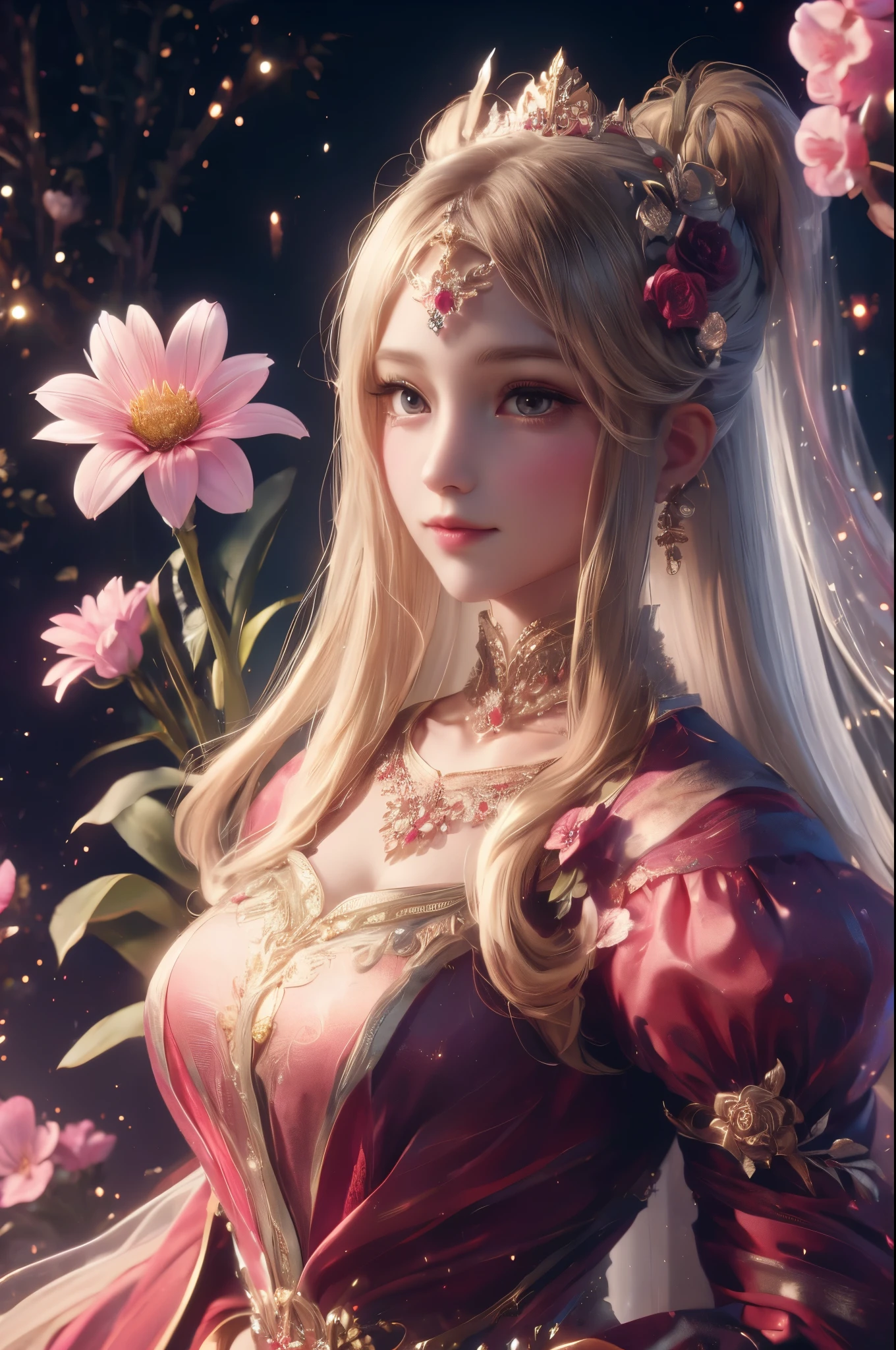 with gold embroidery. She has a delicate and graceful posture, standing in a blooming flower garden. The garden is filled with vibrant colors, featuring various types of flowers, such as roses, tulips, and daisies. The sunlight gently shines through the leaves, creating a warm and picturesque atmosphere. The princess's face is adorned with a soft smile, radiating elegance and kindness. Her eyes sparkle with a hint of curiosity and intelligence. Her lips are perfectly shaped and painted with a subtle pink tone. The high-quality image showcases every intricate detail of her face and dress, emphasizing the fine embroidery and fabric texture. The painting style of the artwork is a fusion of classical and impressionistic elements, imbuing the piece with a timeless beauty. The color palette leans towards pastel shades, enhancing the dreamlike and ethereal quality of the scene. The lighting is soft and balanced, accentuating the princess's features and casting a gentle glow on the surrounding flowers. All these elements combine to create a captivating and enchanting portrait of the young princess in the garden.