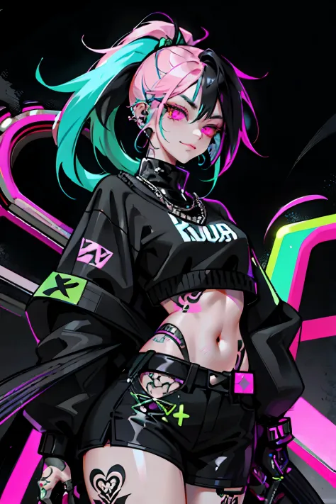 kpop girl with rizz smile face, bad ass, black gloves,neon cyan pink hair, tattoos on hands and neck, piercing, black mixed gree...