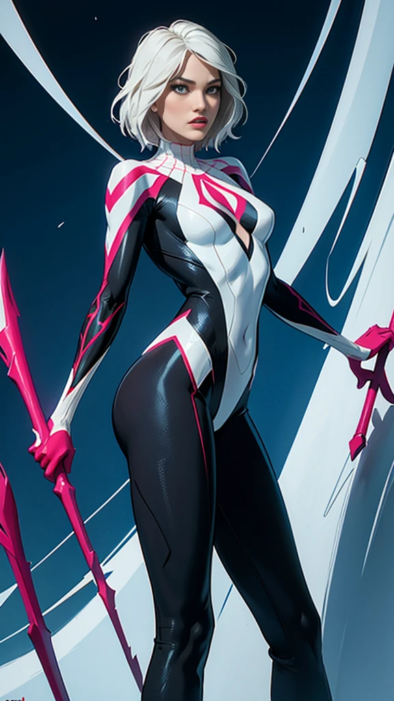 spider gwen, Hotly, partial , high quality, dynamic pose, Beautiful, gorgeousl, in love,Short suit, spider in a suit, white black red suit、Jennifer Garner