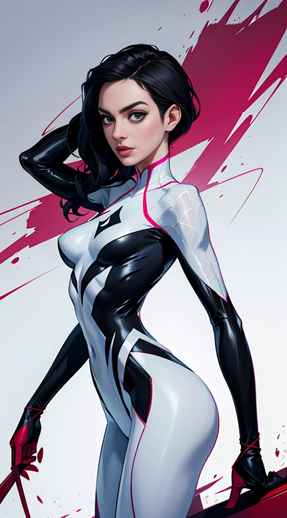 gwen araña, acaloradamente, parcial , alta calidad, pose dinámica, Hermoso, maravillosamente, Enamorado,traje corto, araña en traje, traje blanco negro rojo、Anne Hathaway