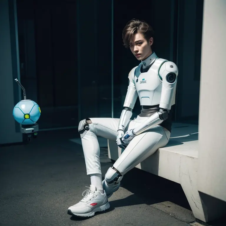 (((best quality, 4k))), (androgynous male robot, his testicles are made of glass and very fragile)