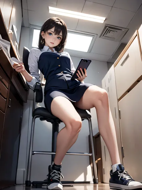 a receptionist woman, angle from below, drooping eyes, realistic skin, rugged sneakers, tiny earrings, bringing some documents, looking at her phone,