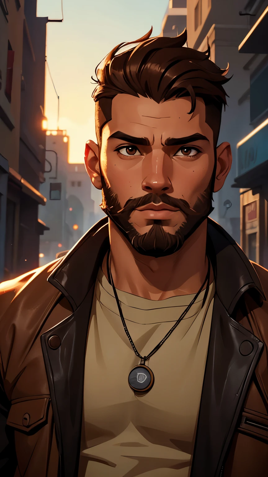 Create a man with a slightly brownish beard, light skin, Latino, from the front, with high quality, medium brown hair, light brown eyes, in the Renaissance style, cyberpunk style