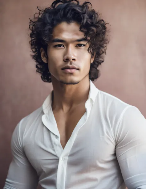 face completely transparent、portrait of asian man with thick curly dark hair，toned muscles，corey pike，roman holiday hero