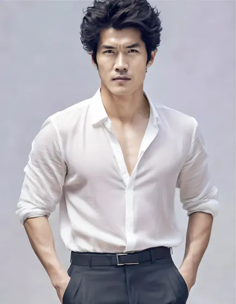 face completely transparent、Portrait of Asian man with thick black hair，toned body，no beard，no beard，Chinese actor Hu Ge