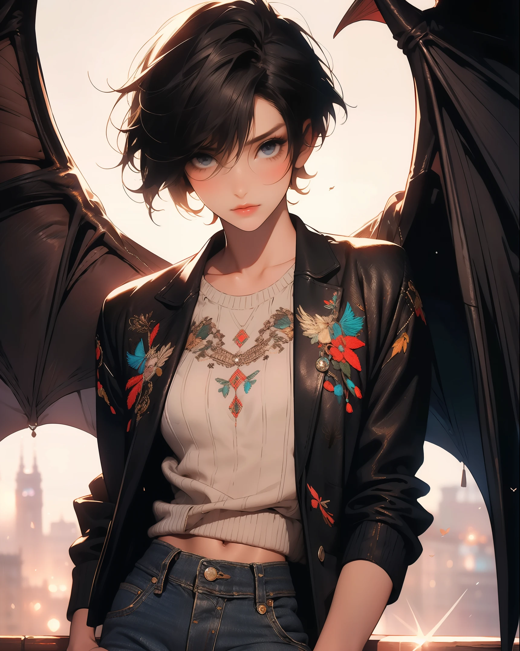 masterpiece, high quality,1girl,solo,middle breast , short hair, (hair between eyes),(00BFFE pixie cut), Bat wings, Disappointed face,(Embroidered sweater, Cropped flare jeans, Leather blazer)