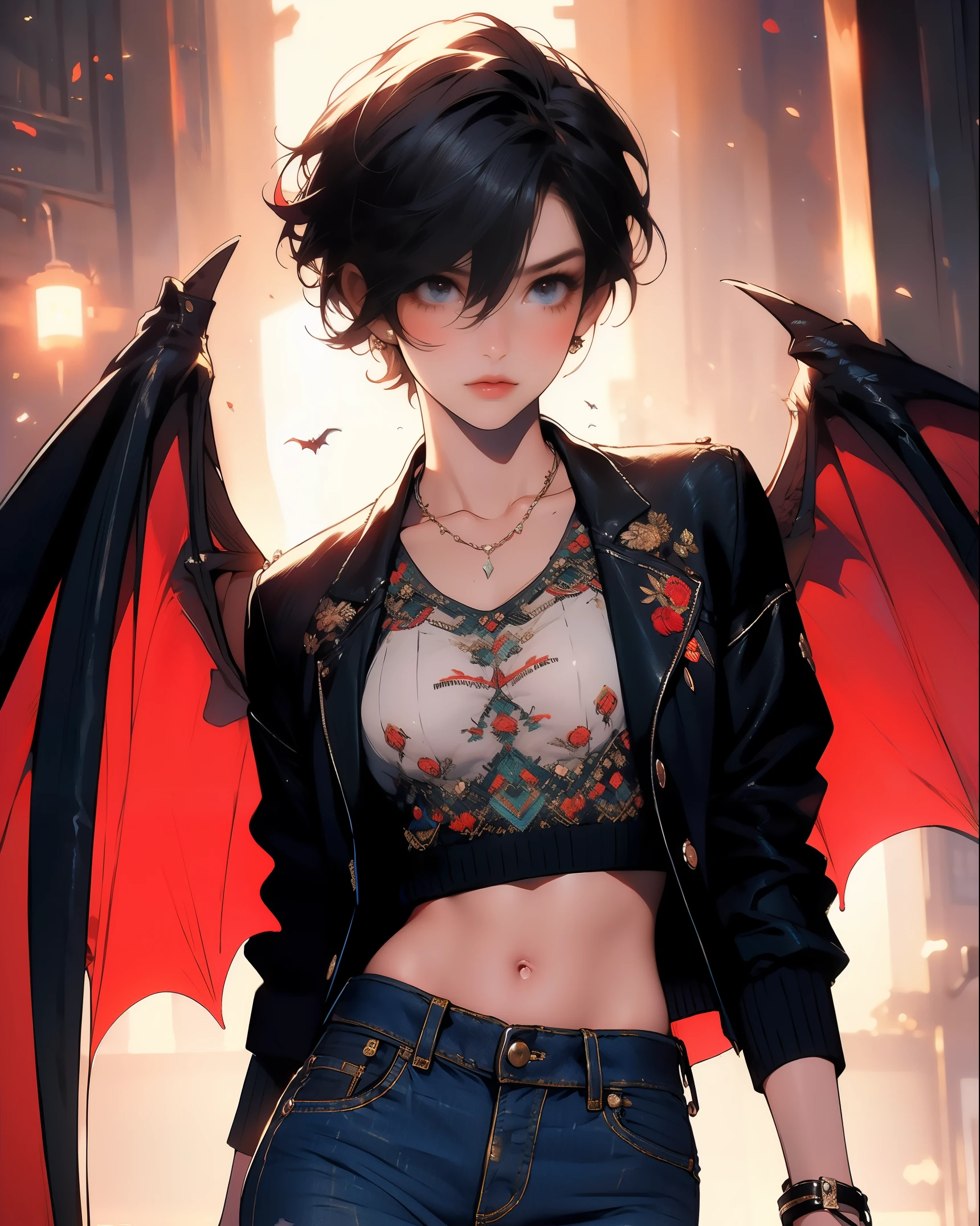 masterpiece, high quality,1girl,solo,middle breast , short hair, (hair between eyes),(00BFFE pixie cut), Bat wings, Disappointed face,(Embroidered sweater, Cropped flare jeans, Leather blazer)