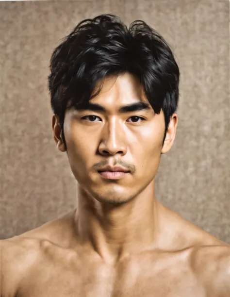 Asian man avatar portrait，The face is completely transparent，Thick black hair，（bust），Actor Zhang Fengyi，Toned muscles，