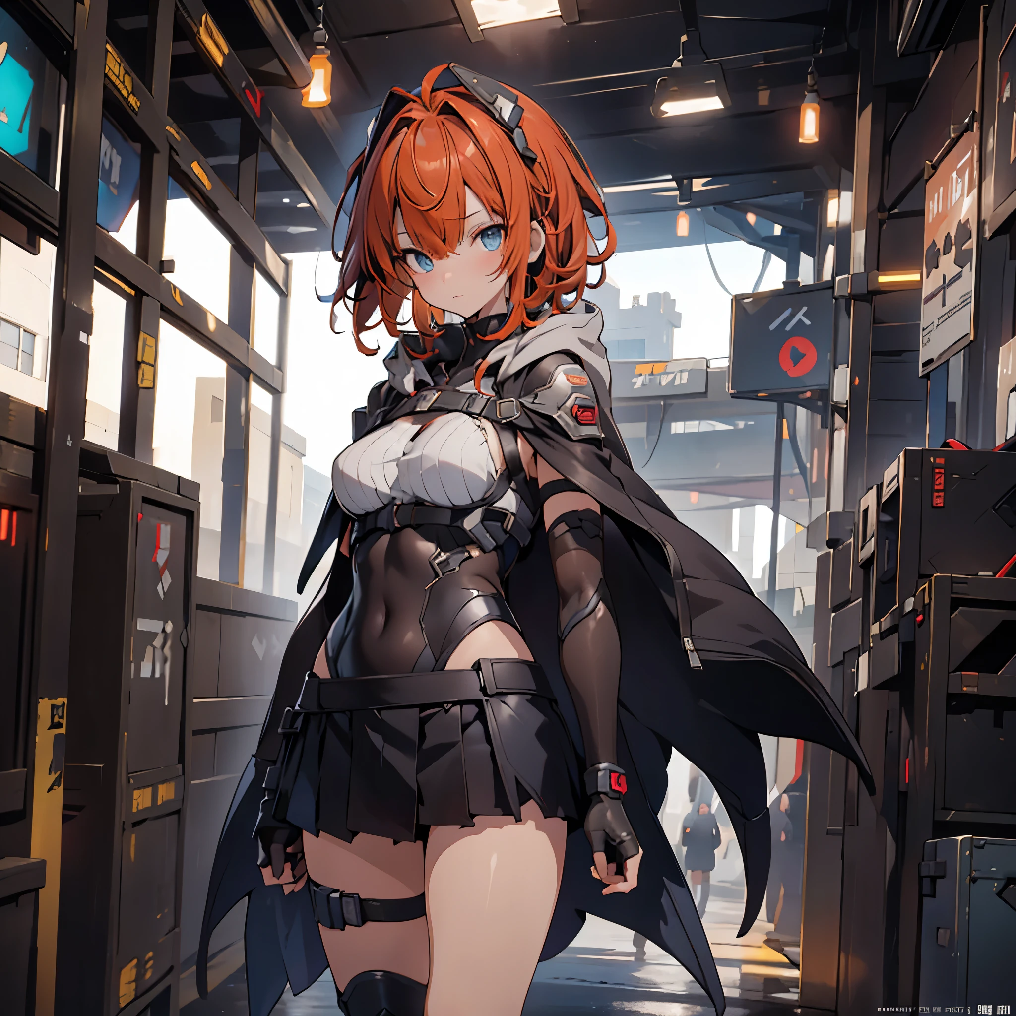 The alone young girl , High detail mature face, Orange Short Hair , Blue Eye , Exposed Chest , Black Cloak , White Chest Binder , White Hood ,Short Skirt , Gloves, Left Leg Knee Sock , Boots, high res, ultra sharp, She stands confidently in the center of the poster，Wear fashion-forward cyborg-futuristic outfits，a determined expression on her face, stand alone holding a sci-fi sniper rifle , sci-fi city, The background  dark and gritty，There  a sense of danger and a strong feeling。The text  bold and eye-catching，With catchy slogans，Adds to the overall drama and excitement。The color palette  dominated by dark colors，Dotted with bright colorake the poster dynamic and visually strikinagazines:1.3), (Cover-style:1.3), Fashion, vibrant, Outfit, posing on a, Front, rich colorful，Background with，element in，self-assured，Expressing the，halter，statement，Attachment，A majestic，coil，Runt，Touching pubic area，Scenes，text，Cover of a，boldness，attention-grabbing，titleashion，typeface，，Best quality at best，Hyper-detailing，8K ，hyper HD